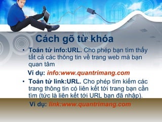 Cách gõ từ khóa Toán tử info:URL.  Cho phép bạn tìm thấy tất cả các thông tin về trang web mà bạn quan tâm Ví dụ:   info:www.quantrimang.com   Toán tử link:URL.  Cho phép tìm kiếm các trang thông tin có liên kết tới trang bạn cần tìm (tức là liên kết tới URL bạn đã nhập).  Ví dụ:  link:www.quantrimang.com 