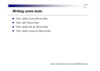 Writing some tests

 Test: select some favourites
 Test: edit favourites
 Test: select all as favourites
 Test: select non...