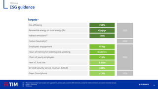 26
Q1 ’21 RESULTS
ESG guidance
(1) “Beyond Connectivity” plan targets were upgraded vs. previous plan, baseline 2019. Domestic, except for indirect emissions and carbon neutrality (Group)
(2) Scope 2, TIM Group
(3) TIM Group
2023
Targets(1)
Employees engagement
Hours of training for reskilling and upskilling
Churn of young employees
+19pp
6.4m hrs
<15%
2024
New VC fund size
Green Smartphone
IoT and Security service revenues (CAGR)
€ 60m
+20%
>15%
2030
2025
Carbon Neutrality(3)
Indirect emissions(2)
Eco-efficiency +50%
Renewable energy on total energy (%) +5pp/yr
-70%
TIM Group
 