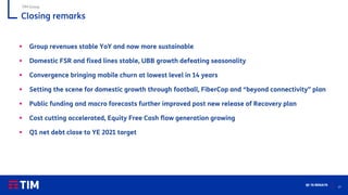 27
Q1 ’21 RESULTS
Closing remarks
▪ Group revenues stable YoY and now more sustainable
▪ Domestic FSR and fixed lines stable, UBB growth defeating seasonality
▪ Convergence bringing mobile churn at lowest level in 14 years
▪ Setting the scene for domestic growth through football, FiberCop and “beyond connectivity” plan
▪ Public funding and macro forecasts further improved post new release of Recovery plan
▪ Cost cutting accelerated, Equity Free Cash flow generation growing
▪ Q1 net debt close to YE 2021 target
TIM Group
 