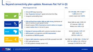 4
Q1 ’21 RESULTS
Beyond connectivity plan update. Revenues flat YoY in Q1
TIM Group
What happened in Q1 KPIs
▪ CSI and NPS keep improving
▪ New “Expansion Contract” signed and active from May
▪ Inaugural sustainability bond
ESG
CSI +1% QoQ, NPS +2 QoQ (1)
~1,300 exits in H1
Lowest coupon ever 1.625%
Domestic
▪ FSR and fixed lines stable, UBB net adds strong, distribution of
Serie A matches to push growth further
▪ Growth engines (TIM’s Factories) on track to deliver on targets
▪ Lowest mobile churn in the last 14 years
Retail UBB net adds +119% YoY
ICT revenues +30% YoY
Mobile churn 3.8% in Q1
Cash
generation
▪ Organic debt reduction ongoing and €1.8bn proceeds from KKR
▪ EFCF solid performance
▪ FY 2021 guidance already neared in Q1
Net Debt AL -€ 2.0bn QoQ, -€ 5.1bn YoY
EFCF AL € 307m in Q1, +57% YoY
Leverage 2.7x EBITDA AL LTM(2)
Brazil Service revenues +3.3% YoY
ARPU +6.6% YoY
EBITDA +4.8% YoY
▪ Reshape of revenue profile with customer transition to value
▪ ARPU growth in all segments and NPS improvement
▪ Acceleration of EBITDA growth
€
(1) Customer Satisfaction Index and Net Promoter Score Q1 ‘21 vs. Q4 ’20
(2) Adjusted debt AL / organic EBITDA AL LTM
 