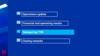 Financial and operating results
#2
Delayering TIM
#3
Closing remarks
#4
Operations update
#1
 