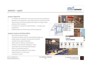arance – spain

 project objective:
 •       to develop and implement a new logo and store brand experience,
 •       Develop a new approach to store layout and the customer journey
 •       Ease of shop and which exposed best seller and Image maker
         products to the customer.
 •       6 months from concept to implementation – 2 weekly work
         programme
 •       implementation by internal team and local agencies


 project scope and deliverables:
 •       best practice benchmarking
 •       new logo and define rules for colours/fonts/imagery etc.
 •       design graphic templates including all information
 •       visualise store exteriors/facades
 •       define rules for delivery of all graphics
 •       definition of promotional strategy for stores
 •       space planning of promotional/campaigns
 •       rules for promotional delivery
 •       space planning & allocation of test stores
 •       implementation in 2 test stores
 •       subsequent roll-out

www.vm-unleashed.com                                     Vm-unleashed! credentials   tim.radley@vm-unleashed.com
Facebook/VMunleashed.Ltd                                            - 24 -                    +44 (0)7967 609849
 