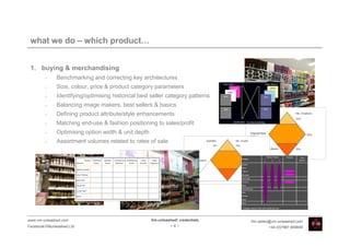 what we do – which product…


 1. buying & merchandising
         •    Benchmarking and correcting key architectures
         •    Size, colour, price & product category parameters
         •    Identifying/optimising historical best seller category patterns
         •    Balancing image makers, best sellers & basics
         •    Defining product attribute/style enhancements
         •    Matching end-use & fashion positioning to sales/profit
         •    Optimising option width & unit depth
         •    Assortment volumes related to rates of sale

                                                                                                                  Product Theme        Category    Total
                                                                                 Category
                                                                                                              1         2          3      *       Options

                                                                                 Jackets
                                                                                 Shirts
                                                                                 T-Shirts
                                                                                 Knitwear
                                                                                 Total Tops
                                                                                 Trousers
                                                                                 Skirts
                                                                                 Total Bottoms
                                                                                 Suits
                                                                                 Dresses
                                                                                 Coats
                                                                                 Total

                                                                                 * Category colours in line with trends and core




www.vm-unleashed.com                                 Vm-unleashed! credentials                tim.radley@vm-unleashed.com
Facebook/VMunleashed.Ltd                                       -6-                                                  +44 (0)7967 609849
 