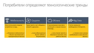 Также просто, как я общаюсь с
семьей и друзьями…
Я просматриваю свою фото-
коллекцию и слушаю музыку
отовсюду…
Я легко нахожу все
необходимое в Интернете…
Хочу использовать модные
устройства на ходу…
…и безопасно подключаться
к бизнес-приложениям и
корпоративным данным
Мобильность Соцсети Big Data
…я хочу обмениваться
бизнес-идеями и
документами.
…и хочу также просто и
безопасно получать свои
рабочие данные.
…и также легко нахожу
необходимое в своих бизнес-
данных.
Облака
Потребители определяют технологические тренды
 