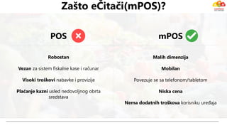 Robostan
Vezan za sistem fiskalne kase i računar
Visoki troškovi nabavke i provizije
Plaćanje kazni usled nedovoljnog obrta
sredstava
Malih dimenzija
Mobilan
Povezuje se sa telefonom/tabletom
Niska cena
Nema dodatnih troškova korisniku uređaja
Zašto eČitači(mPOS)?
POS mPOS
 