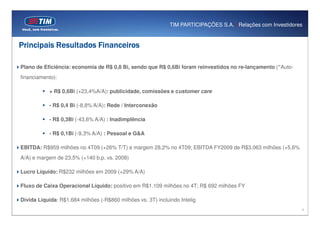 TIM PARTICIPAÇÕES S.A. | Relações com Investidores


Principais Resultados Financeiros

Plano de Eficiência: economia de R$ 0,8 Bi, sendo que R$ 0,6Bi foram reinvestidos no re-lançamento (“Auto-
financiamento):

            + R$ 0,6Bi (+23,4%A/A): publicidade, comissões e customer care

            - R$ 0,4 Bi (-8,8% A/A): Rede / Interconexão

            - R$ 0,3Bi (-43,6% A/A) : Inadimplência

            - R$ 0,1Bi (-9,3% A/A) : Pessoal e G&A

EBITDA: R$959 milhões no 4T09 (+26% T/T) e margem 28,2% no 4T09; EBITDA FY2009 de R$3.063 milhões (+5.6%
A/A) e margem de 23,5% (+140 b.p. vs. 2008)

Lucro Líquido: R$232 milhões em 2009 (+29% A/A)

Fluxo de Caixa Operacional Líquido: positivo em R$1.109 milhões no 4T; R$ 692 milhões FY

Dívida Líquida: R$1.684 milhões (-R$860 milhões vs. 3T) incluindo Intelig
                                                                                                               9
 