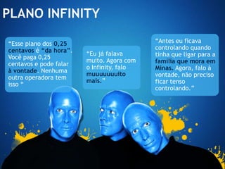 PLANO INFINITY

“Esse plano dos 0,25                       “Antes eu ficava
centavos é “da hora”.                      controlando quando
                        “Eu já falava      tinha que ligar para a
Você paga 0,25
                        muito. Agora com   família que mora em
centavos e pode falar
                        o Infinity, falo   Minas. Agora, falo à
à vontade. Nenhuma
                        muuuuuuuito        vontade, não preciso
outra operadora tem
                        mais.”             ficar tenso
isso “
                                           controlando.”
 
