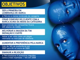 OBJETIVOS
SER A PRIMEIRA EM
LEMBRANÇA DE MARCA
A TIM era a menos lembrada da categoria
CRIAR CONEXÃO DO CLIENTE COM A
MARCA ACIMA DA MÉDIA DA CATEGORIA
Essa conexão das campanhas ficava
20% abaixo da média
MELHORAR A IMAGEM DA TIM
INOVAÇÃO E CUSTO
Voltar a ser vista como um player
relevante no mercado de telefonia

AUMENTAR A PREFERÊNCIA PELA MARCA
Caiu de 30% de preferência em
2007 para 8% no início de 2009

DIMINUIR A REJEIÇÃO
A TIM totalizava 4 semestres seguidos
como a mais rejeitada | 16% em 2008
 
