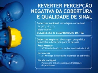 REVERTER PERCEPÇÃO
NEGATIVA DA COBERTURA
  E QUALIDADE DE SINAL
  Cobertura nacional: abordagem conceitual
  TV (30”; 10”; 7”)
  Mídia exterior
  ESTABELECE O COMPROMISSO DA TIM

  Cobertura regional: abordagem pragmática
  demonstra o benefício para as pessoas
  Áreas Attacker
    • A TIM trabalhando por melhor qualidade do sinal

  Novas Áreas
   • A TIM chega à sua cidade (expansão de cobertura)

  Plataforma Digital
    • Plataforma online: canal para indicações
      de problemas
 