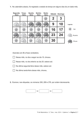 TI de Matemática | 2.º Ano – mai. 2014 – Caderno 1 • Página 2/ 7
1.  No calendário abaixo, foi registado o estado do tempo em alguns dias de um dado mês.
2 3
9 10
16 17
23 24
30
Segunda-
-feira
Quarta-
-feira
Quinta-
-feira
Sexta-
-feira
Sábado Domingo
Terça-
-feira
Sol
Nuvens
Chuva
Legenda:
Assinala com X a frase verdadeira.
  Nesse mês, no dia a seguir ao dia 10, choveu.
  Nesse mês, no dia anterior ao dia 20, esteve sol.
  Na última segunda-feira desse mês, esteve sol.
  Na última sexta-feira desse mês, choveu.
2.  Escreve, nas etiquetas, os números 358, 289 e 376, por ordem decrescente.
> >
 