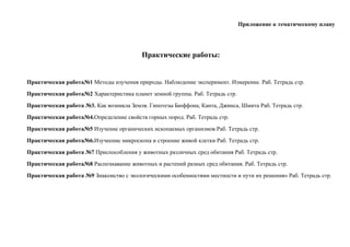 Приложение к тематическому плану
Практические работы:
Практическая работа№1 Методы изучения природы. Наблюдение эксперимент. Измерение. Раб. Тетрадь стр.
Практическая работа№2 Характеристика планет земной группы. Раб. Тетрадь стр.
Практическая работа №3. Как возникла Земля. Гипотезы Бюффона, Канта, Джинса, Шмита Раб. Тетрадь стр.
Практическая работа№4.Определение свойств горных пород. Раб. Тетрадь стр.
Практическая работа№5 Изучение органических ископаемых организмов Раб. Тетрадь стр.
Практическая работа№6.Изучеение микроскопа и строение живой клетки Раб. Тетрадь стр.
Практическая работа №7 Приспособления у животных различных сред обитания Раб. Тетрадь стр.
Практическая работа№8 Распознавание животных и растений разных сред обитания. Раб. Тетрадь стр.
Практическая работа №9 Знакомство с экологическими особенностями местности и пути их решения» Раб. Тетрадь стр.
 