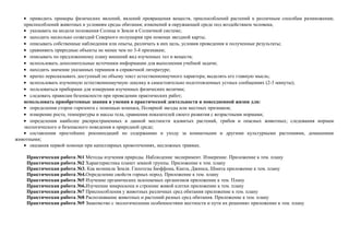 • приводить примеры физических явлений, явлений превращения веществ, приспособлений растений к различным способам размножения;
приспособлений животных к условиям среды обитания; изменений в окружающей среде под воздействием человека;
• указывать на модели положения Солнца и Земли в Солнечной системе;
• находить несколько созвездий Северного полушария при помощи звездной карты;
• описывать собственные наблюдения или опыты, различать в них цель, условия проведения и полученные результаты;
• сравнивать природные объекты не менее чем по 3-4 признакам;
• описывать по предложенному плану внешний вид изученных тел и веществ;
• использовать дополнительные источники информации для выполнения учебной задачи;
• находить значение указанных терминов в справочной литературе;
• кратко пересказывать доступный по объему текст естественнонаучного характера; выделять его главную мысль;
• использовать изученную естественнонаучную лексику в самостоятельно подготовленных устных сообщениях (2-3 минуты);
• пользоваться приборами для измерения изученных физических величин;
• следовать правилам безопасности при проведении практических работ;
использовать приобретенные знания и умения в практической деятельности и повседневной жизни для:
• определения сторон горизонта с помощью компаса, Полярной звезды или местных признаков;
• измерение роста, температуры и массы тела, сравнения показателей своего развития с возрастными нормами;
• определения наиболее распространенных в данной местности ядовитых растений, грибов и опасных животных; следования нормам
экологического и безопасного поведения в природной среде;
• составления простейших рекомендаций по содержанию и уходу за комнатными и другими культурными растениями, домашними
животными;
• оказания первой помощи при капиллярных кровотечениях, несложных травмах.
Практическая работа №1 Методы изучения природы. Наблюдение эксперимент. Измерение. Приложение к тем. плану
Практическая работа №2 Характеристика планет земной группы. Приложение к тем. плану
Практическая работа №3. Как возникла Земля. Гипотезы Бюффона, Канта, Джинса, Шмита приложение к тем. плану
Практическая работа №4.Определение свойств горных пород. Приложение к тем. плану
Практическая работа №5 Изучение органических ископаемых организмов приложение к тем. Плану
Практическая работа №6.Изучеение микроскопа и строение живой клетки приложение к тем. плану
Практическая работа №7 Приспособления у животных различных сред обитания приложение к тем. плану
Практическая работа №8 Распознавание животных и растений разных сред обитания. Приложение к тем. плану
Практическая работа №9 Знакомство с экологическими особенностями местности и пути их решения» приложение к тем. плану
 