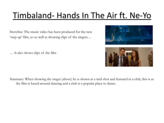 Timbaland- Hands In The Air ft. Ne-Yo
Storyline: The music video has been produced for the new
‘step-up’ film, so as well as showing clips of the singers…



… It also shows clips of the film




Summary: When showing the singer (above) he is shown at a mid-shot and featured in a club, this is as
   the film is based around dancing and a club is a popular place to dance.
 