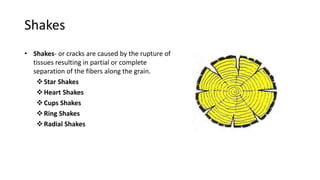 Shakes
• Shakes- or cracks are caused by the rupture of
tissues resulting in partial or complete
separation of the fibers along the grain.
Star Shakes
Heart Shakes
Cups Shakes
Ring Shakes
Radial Shakes
 