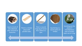 Log is a trunk of
tree obtained
after removal of
branches.
Plank is a timber
piece with
parallel sides.
Pole is a sound
long log of wood.
Also called as a
spar.
Quartering is a
square piece of
timber.
Scantling are the
pieces if
miscellaneous
sizes of timber
sawn out of a log.
 