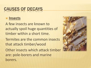 CAUSES OF DECAYS
 Insects
A few insects are known to
actually spoil huge quantities of
timber within a short time.
Termites are the common insects
that attack timber/wood
Other insects which attack timber
are: pole-borers and marine
borers.
 