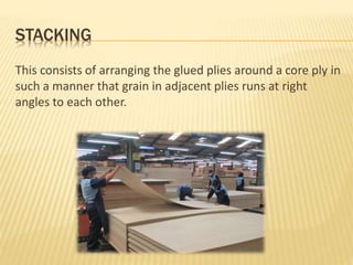 STACKING
This consists of arranging the glued plies around a core ply in
such a manner that grain in adjacent plies runs at right
angles to each other.
 
