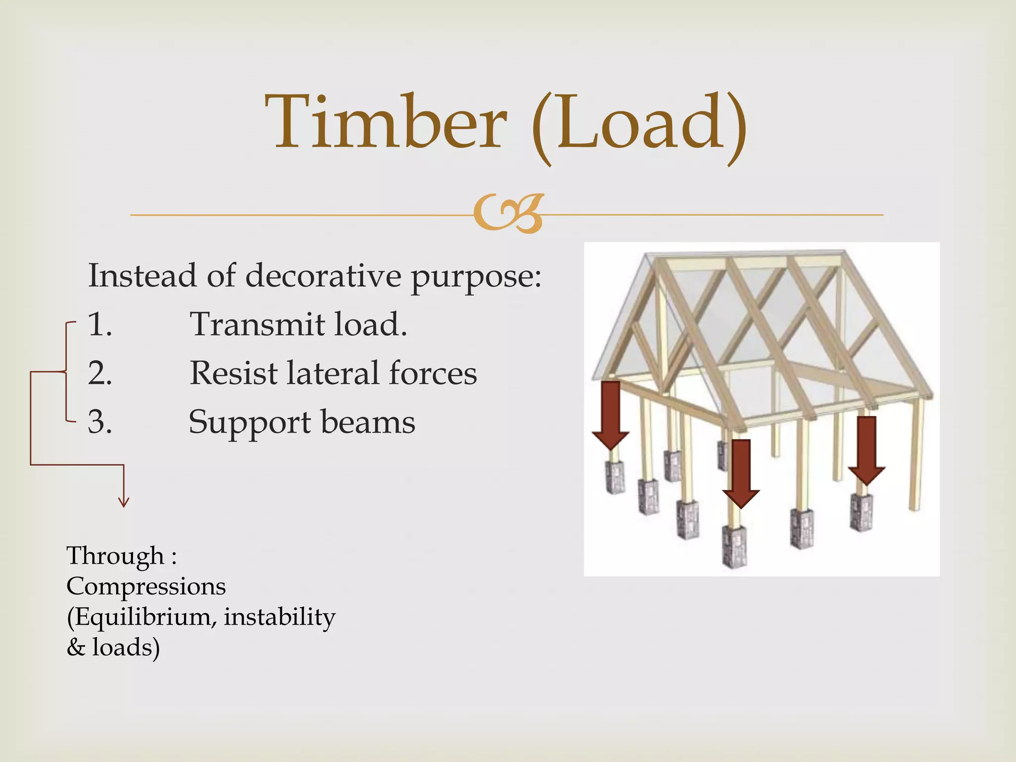 Timber (Load)
                       
  Instead of decorative purpose:
  1.     Transmit load.
  2.     Resist lateral forces
  3.     Support beams


Through :
Compressions
(Equilibrium, instability
& loads)
 