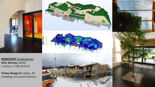 NORDVEDT kindergarten
Oslo, Norway (2018)
2 stories, 1.740 m2 (CLT)
Timber Design LT: statics, 3D
modeling, structural solutions
 