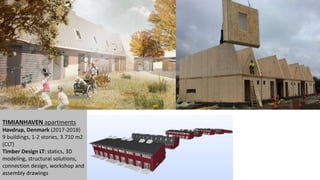 TIMIANHAVEN apartments
Havdrup, Denmark (2017-2018)
9 buildings, 1-2 stories, 3.710 m2
(CLT)
Timber Design LT: statics, 3D
modeling, structural solutions,
connection design, workshop and
assembly drawings
 