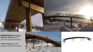 MARKAHOVDA ski bridge
Fagernes, Norway (2017)
span 40 m (glulam structure)
Timber Design LT: prefab
drawings, assembly drawings
 