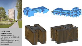 PRE-STUDIES,
CONSULTATIONS
Belgium (2018-2019)
1-12 stories, up to 40.000 m2
(CLT, glulam)
Timber Design LT: pre-studies,
structural solutions,
consultations
 