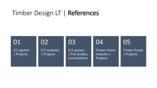 Timber Design LT | References
CLT, glulam
| Projects
01
CLT modules
| Projects
02
CLT, glulam
| Pre-studies,
consultations
03
Timber frame
modules |
Projects
04
Timber frame
| Projects
05
 