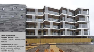 LURA apartments
Sandnes, Norway (2016)
5 stories, 2.634 m2 (timber frame
modules)
Timber Design LT: statics,
architectural detailing, structural
design, workshop drawings,
assembly drawings
 
