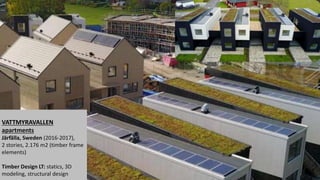 VATTMYRAVALLEN
apartments
Järfälla, Sweden (2016-2017),
2 stories, 2.176 m2 (timber frame
elements)
Timber Design LT: statics, 3D
modeling, structural design
 