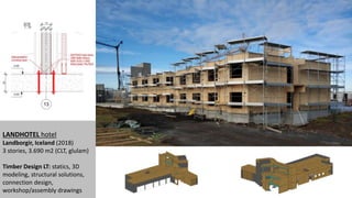 LANDHOTEL hotel
Landborgir, Iceland (2018)
3 stories, 3.690 m2 (CLT, glulam)
Timber Design LT: statics, 3D
modeling, structural solutions,
connection design,
workshop/assembly drawings
 