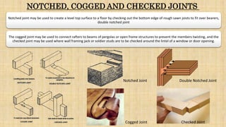Notched joint may be used to create a level top surface to a floor by checking out the bottom edge of rough sawn joists to fit over bearers,
double notched joint
The cogged joint may be used to connect rafters to beams of pergolas or open frame structures to prevent the members twisting, and the
checked joint may be used where wall framing jack or soldier studs are to be checked around the lintel of a window or door opening.
NOTCHED, COGGED AND CHECKED JOINTS
Notched Joint Double Notched Joint
Cogged Joint Checked Joint
 