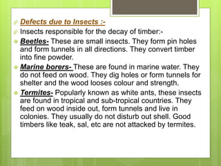  Defects due to Insects :-
 Insects responsible for the decay of timber:-
 Beetles- These are small insects. They form pin holes
and form tunnels in all directions. They convert timber
into fine powder.
 Marine borers- These are found in marine water. They
do not feed on wood. They dig holes or form tunnels for
shelter and the wood looses colour and strength.
 Termites- Popularly known as white ants, these insects
are found in tropical and sub-tropical countries. They
feed on wood inside out, form tunnels and live in
colonies. They usually do not disturb out shell. Good
timbers like teak, sal, etc are not attacked by termites.
 