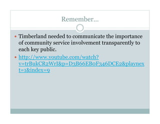 Remember…
  Timberland needed to communicate the importance
of community service involvement transparently to
each key public.
  http://www.youtube.com/watch?
v=trBukCR2WrI&p=D3B66EB0F346DCE2&playnex
t=1&index=9
 