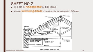 SHEET NO.2
■ A1 SHEET ON King post roof IN 1:10 SCALE
■ With two Interesting details of the joinery for the roof type in 1:5 Scale.
14Presentation By- Ar. Roopa Chikkalgi
 