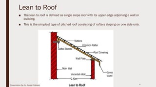 Lean to Roof
■ The lean to roof is defined as single slope roof with its upper edge adjoining a wall or
building.
■ This is the simplest type of pitched roof consisting of rafters sloping on one side only.
4Presentation By- Ar. Roopa Chikkalgi
 
