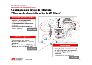 Teleconferência Telecom Italia
Telecom Italia ‐ TIM Brasil Plano 2012‐2014
A abordagem da nova rede integrada
(“Alavancando a base de fibra ótica da AES Atimus”)
 Fibra ate o Site/Antena (Evolução 3G+)                                             MBB Overlay
                                                                              3 Carriers por antena
  Fibra ate o Site nas 42 principais                                          3 sub-carriers de 21 MB
                                                                             cada*
  cidades (alta capacidade)                                                   Total Disponível= 360MB
  3 Carriers por antena (otimização do
  spectrum)
  Upgrade para 21 Mbps (HSPA+) dos
  Node-B existentes
                                 Liberty Web             Identificação/Billing
                                                           baseado no SIM
                                                         SIM Simples para
                                                                                            Ligação
                                                         identificar e cobrar
                                                                                           em Cobre
                                                                                            ou Fibra

                                                            WiFi Underlay
        Wi-Fi offload (e.g. Rocinha)            300 Mb           100MB
                                                                                       200
                                                                                       portas
  10 mil h t spots semi públicos
        il hot   t     i úbli
                                                                   50 Mb
  Exemplo da Rocinha e dos 5 principais
  aeroportos
  Roteiro para ir além de 10.000 hot spots                            <R$500/Famílias
  ao final de 2012 e 25.000 até 2014
                                 Infinity Web            Alta capilaridade da rede aérea baseada
                                                         em fibra (~250 metros até o domicilio)
                                                         Flexibilidade: ligação rápida até a
                                                         construção
                                                         Utilização da rede interna existente
                                                                 ã
                                                                                                 TIM Fiber
                          LUCA LUCIANI                                                                       10
 