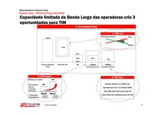 Teleconferência Telecom Italia
Telecom Italia ‐ TIM Brasil Plano 2012‐2014
Capacidade limitada de Banda Larga das operadoras cria 3
oportunidades para TIM
                                                             % de acessos fixos

                                                                                                        1. SFM Voz
                                                                                          Preço por minuto              Fixo
                                 100%


                                                                                                                        Móvel
                                                                                                                         ó
                                                  ~70%


                                                             30%

                                                             80%           24%~
                                                                                                ~6%
                                                             20%
                         Total de Acessos      Somente Vox   BB          <2Mbps               >2Mbps
                               Fixos                                 Velocidade Nominal   Velocidade Nominal




                     2. SFM Dados                                                                       3. TIM Fiber
         Milhões de clientes

         TIM usuários                                                                          Ataque seletivo ao ADSL das
         únicos                                                                             operadoras fixas via Naked VDSL
          mensais
         (Pré Pago)                                                                          ultra BB suportado pela rede de
          Penetração                                                                      Fibra Ótica de 5.500km entre RJ/SP
          Smartphone
          S   t h              10%       27%




                                LUCA LUCIANI                                                                                    8
 