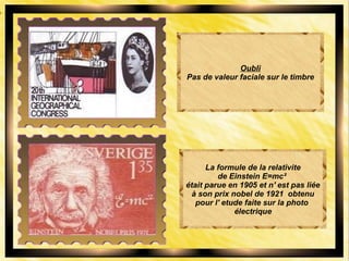 Oubli
Pas de valeur faciale sur le timbre
La formule de la relativite
de Einstein E=mc²
était parue en 1905 et n' est pas liée
à son prix nobel de 1921 obtenu
pour l' etude faite sur la photo
électrique
 