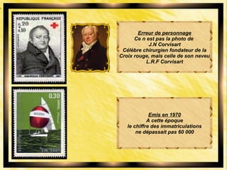 Erreur de personnage
Ce n est pas la photo de
J.N Corvisart
Célèbre chirurgien fondateur de la
Croix rouge, mais celle de son neveu
L.R.F Corvisart
Emis en 1970
A cette époque
le chiffre des immatriculations
ne dépassait pas 60 000
 