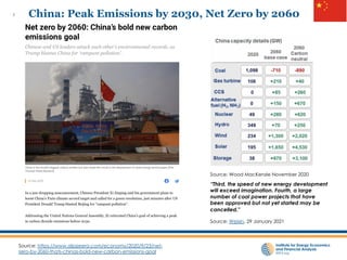 3 China: Peak Emissions by 2030, Net Zero by 2060
Source: https://www.aljazeera.com/economy/2020/9/23/net-
zero-by-2060-thats-chinas-bold-new-carbon-emissions-goal
Source: Wood MacKenzie November 2020
“Third, the speed of new energy development
will exceed imagination. Fourth, a large
number of coal power projects that have
been approved but not yet started may be
cancelled."
Source: Weixin, 29 January 2021
 