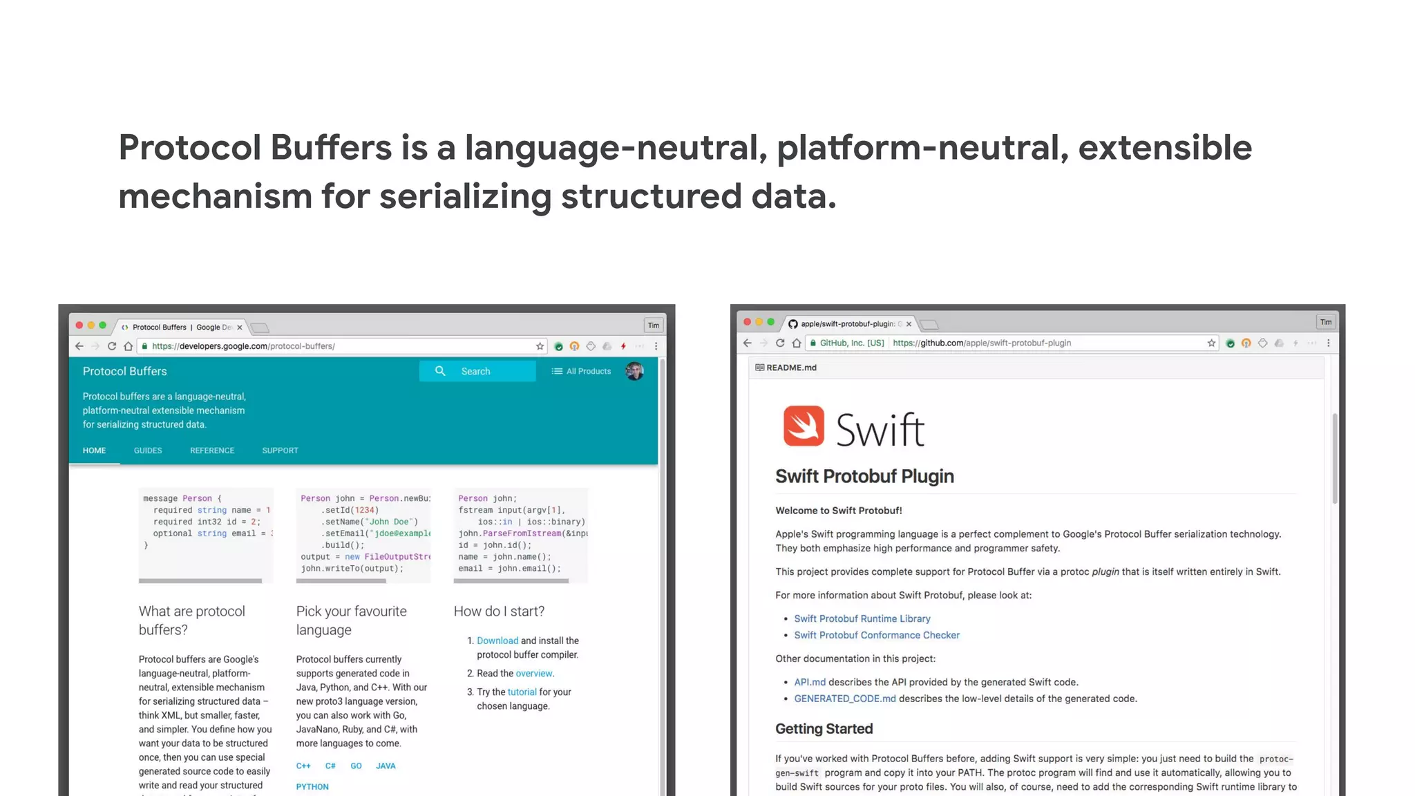 Protocol Buffers is a language-neutral, platform-neutral, extensible
mechanism for serializing structured data.
 