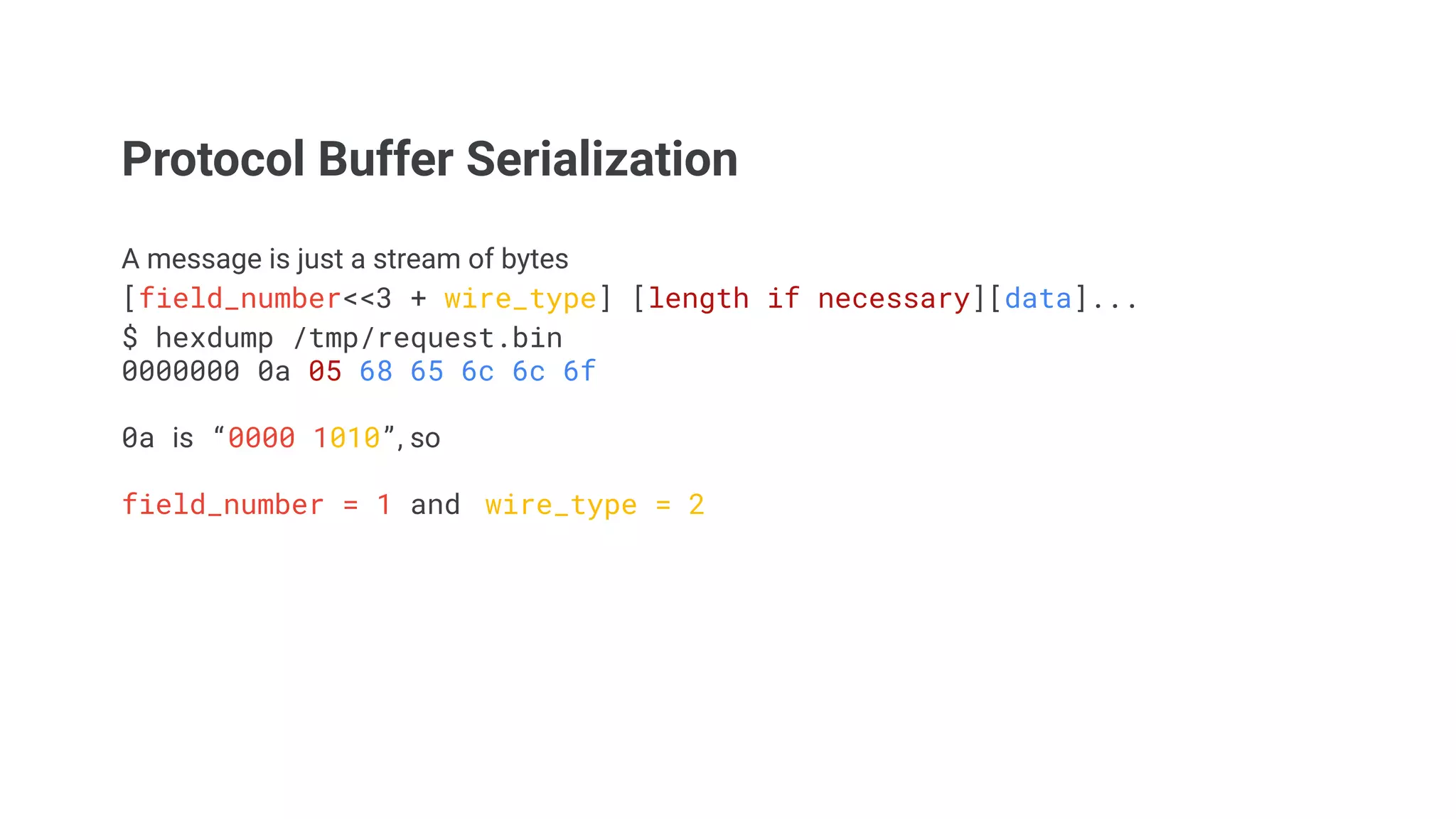 Protocol Buffer Serialization
A message is just a stream of bytes
[field_number<<3 + wire_type] [length if necessary][data]...
$ hexdump /tmp/request.bin
0000000 0a 05 68 65 6c 6c 6f
0a is “0000 1010”, so
field_number = 1 and wire_type = 2
 