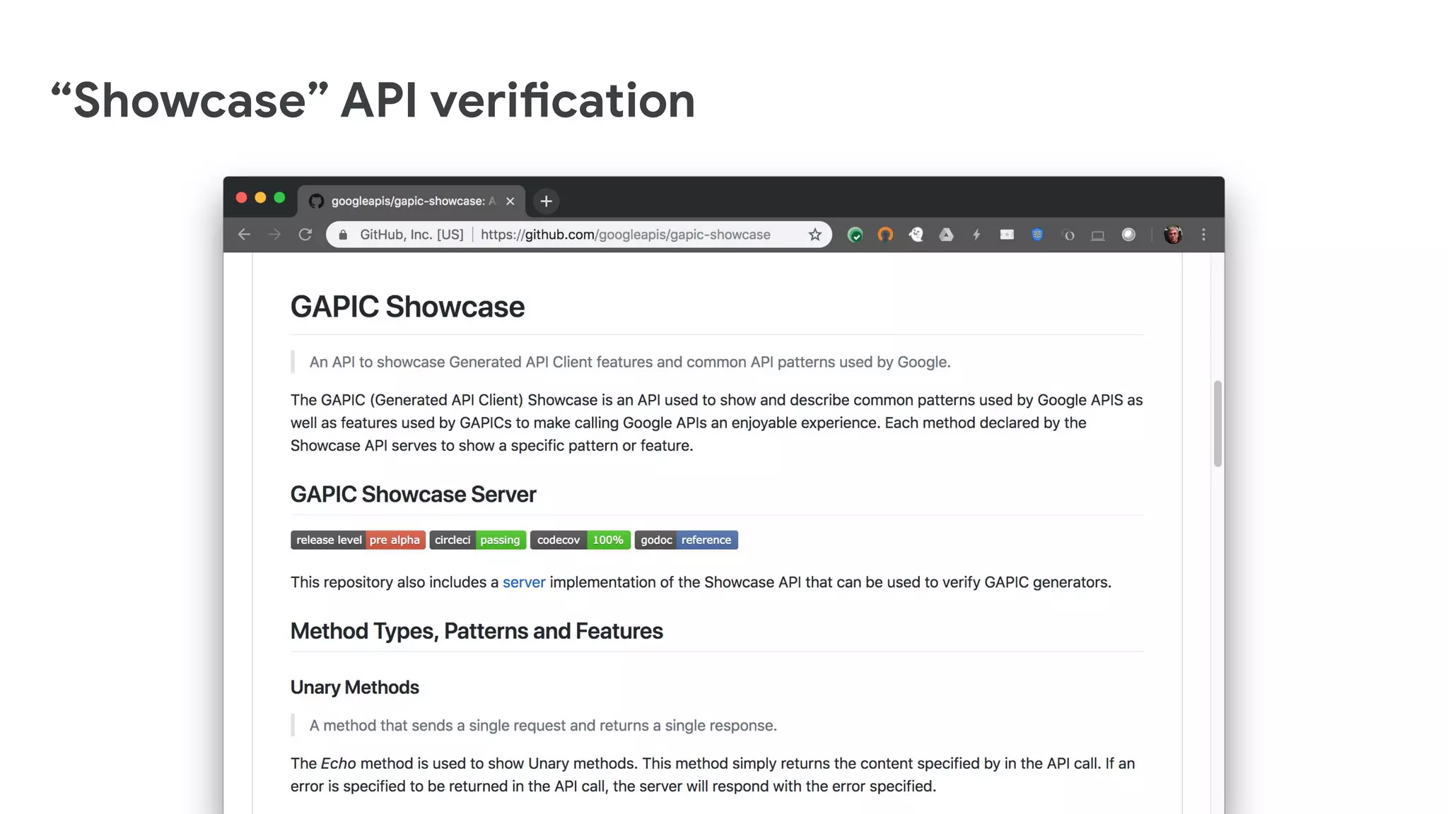 “Showcase” API verification
 