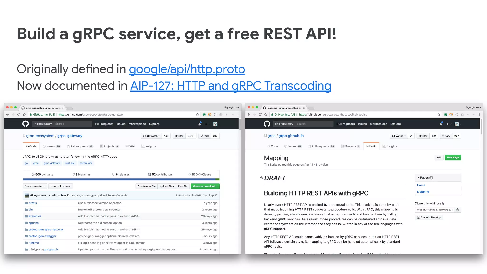 Build a gRPC service, get a free REST API!
Originally defined in google/api/http.proto
Now documented in AIP-127: HTTP and gRPC Transcoding
 