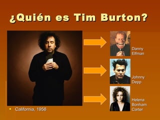 ¿Quién es Tim Burton?


                     Danny
                     Elfman




                     Johnny
                     Depp



                     Helena
                     Bonham
 California, 1958   Carter
 