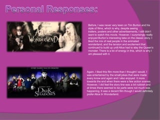 Before, I was never very keen on Tim Burton and his
 style of films, which is why, despite seeing
 trailers, posters and other advertisements, I still didn’t
 want to watch this movie. However, I surprisingly really
 enjoyed Burton’s interesting take on the classic story. I
 liked the mix of real people in the animated
 wonderland, and the tension and excitement that
 continued to build up until Alice had to slay the Queen’s
 monster. There is a lot of energy in this, which is why I
 am pleased with it.




Again, I liked this film more than I thought I would. I
was entertained by the small jokes that were made
every know and again and I also enjoyed it more
towards the end when there were a few action scenes.
However, I did feel the story line was a bit rubbish and
at times there seemed to be parts were not much was
happening, It was a decent film though I would definitely
prefer Alice In Wonderland.
 