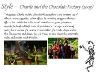 Throughout Charlie and the Chocolate Factory, there is the constant use of
vibrant, over exaggerated colour effects. By including exaggerated colour
effects, this contributes to the overall narrative and genre (adventure,
comedy, fantasy) as this fictional diegesis is not a true representation of
reality but it is more of a positive representation of a child’s utopia and as
this film is aimed at children, this is a crucial stylistic choice that entices the
infant audience to watch this film.
Style – Charlie and the Chocolate Factory (2005)
 