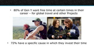 • 80% of Gen Y want free time at certain times in their
       career – for global travel and other Projects




• 72% have a specific cause in which they invest their time
 
