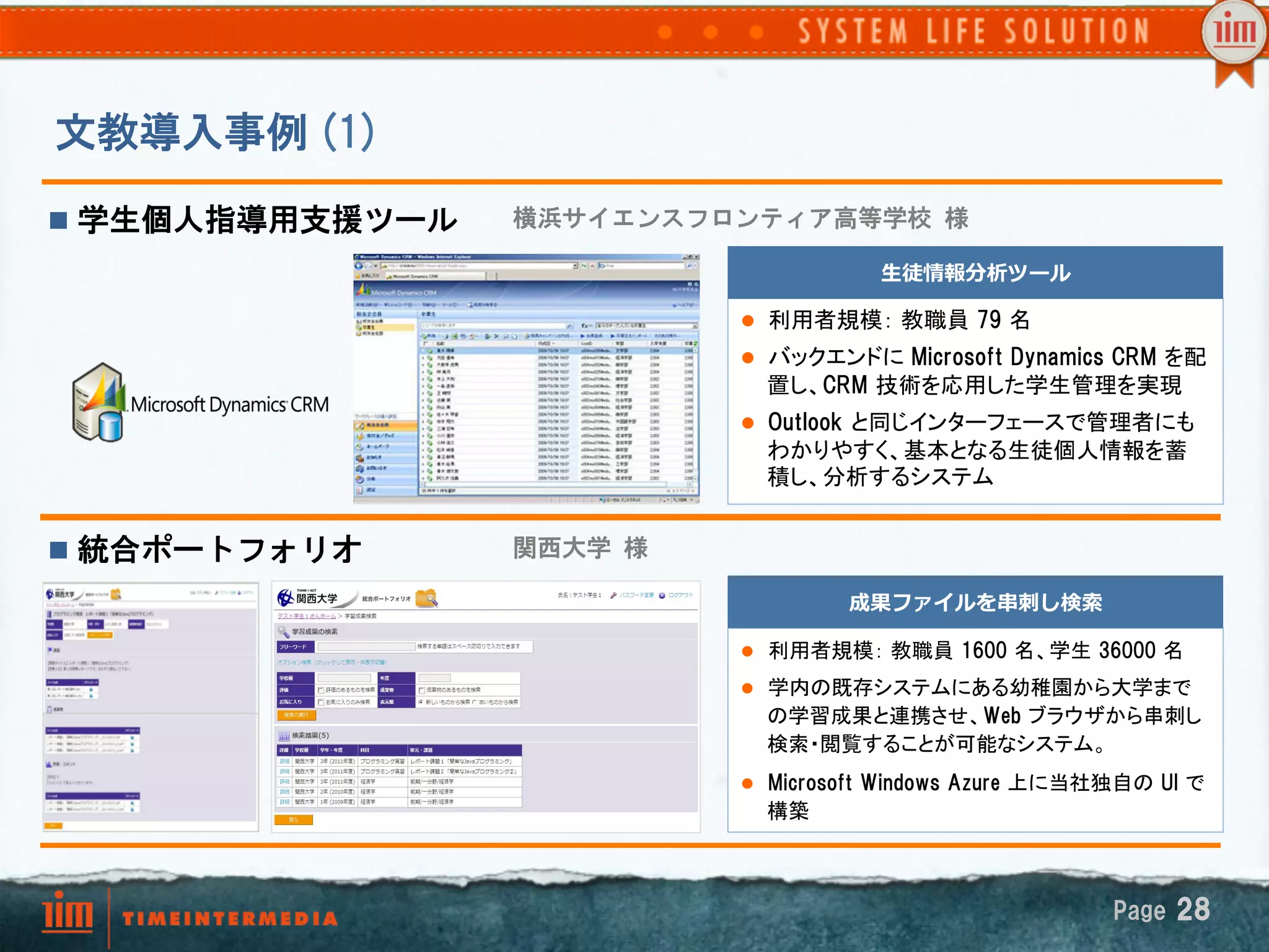 文教導入事例  (1)
n  学生個人指導用支援ツール   横浜サイエンスフロンティア高等学校  様

                                          ⽣生徒情報分析ツール

                             l  利用者規模： 教職員 79  名	
                             l  バックエンドに Microsoft  Dynamics  CRM  を配
                               置し、CRM  技術を応用した学生管理を実現	
                             l  Outlook  と同じインターフェースで管理者にも
                               わかりやすく、基本となる生徒個人情報を蓄
                               積し、分析するシステム


n  統合ポートフォリオ      関西大学  様

                                       成果ファイルを串串刺刺し検索索

                             l  利用者規模： 教職員  1600  名、学生  36000  名	

                             l  学内の既存システムにある幼稚園から大学まで
                               の学習成果と連携させ、Web  ブラウザから串刺し
                               検索・閲覧することが可能なシステム。
                             l  Microsoft  Windows  Azure  上に当社独自の  UI  で
                               構築	



                                                                 Page  28
 